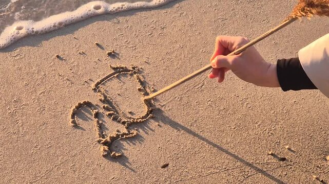 Beach sand writing displays 2024 and heart symbol at ocean shoreline during sunset. High angle close up shot.