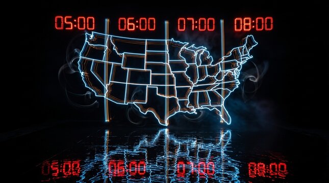 Futuristic neon USA map with time zones, glowing digital clock display on black background, high-tech data visualization of United States