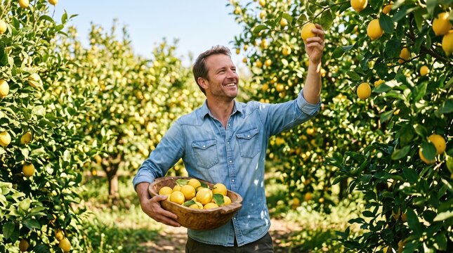 Smiling man harvesting lemons in a sunny orchard while holding a basket of fresh fruit. Sustainable farming, organic agriculture, seasonal harvest and healthy food concept.