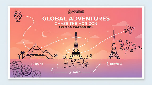 Global adventures travel concept with famous landmarks and airplane on gradient background.