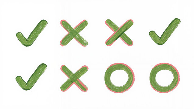 Hand painted green check marks, cross marks and circle marks on white, brush stroke icon set for yes and no answers and quiz choices