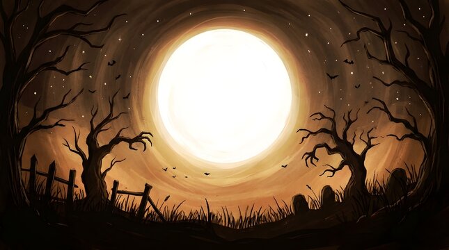 A spooky full moon shines over a dark forest landscape to wish everyone a happy halloween night