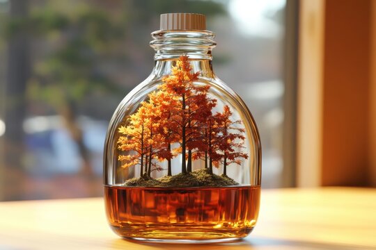 Crystal clear bottle of maple syrup with a miniature autumn forest growing inside on wood