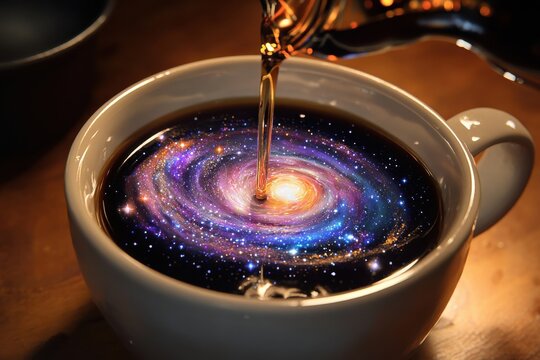 Pouring thick syrup into a white coffee cup creating a swirling space galaxy vortex
