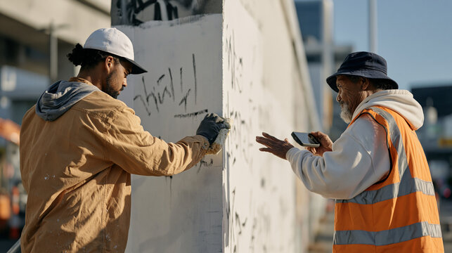 Graffiti removal worker scrubbing an urban wall while a linguist beside them photographs chalk markings of an endangered dialect on a clean white section, intergenerational pair,