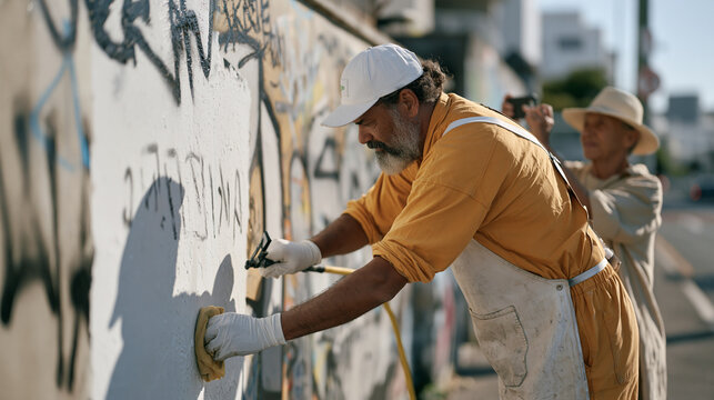 Graffiti removal worker scrubbing an urban wall while a linguist beside them photographs chalk markings of an endangered dialect on a clean white section, intergenerational pair,
