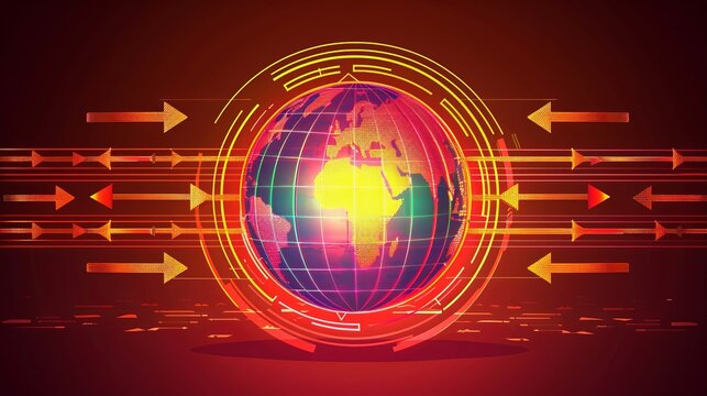 Glowing mesh globe surrounded by arrows representing global trade and digital communication links