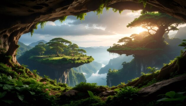 Floating islands landscape seen from a cave opening