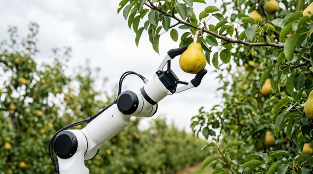 Robotic arm harvesting ripe pear from orchard tree. Agricultural automation and precision farming technology for efficient fruit picking and smart agriculture innovation.