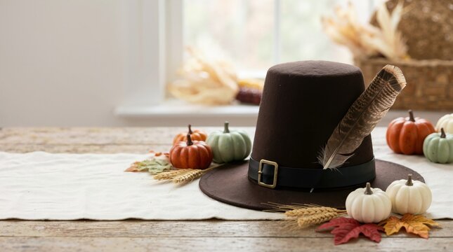 Pilgrim hat with a feather on a rustic wooden table. Thanksgiving holiday decoration with pumpkins, wheat and autumn leaves. Festive harvest background