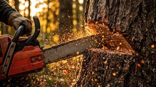 Chainsaw cutting tree trunk with flying sawdust in forest