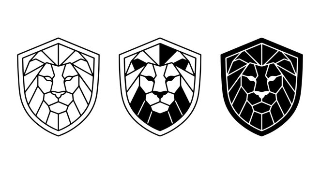 Geometric Lion Head Shield Logos, Modern Heraldic Crest Icons, Minimalist Royal Emblem Vector Set