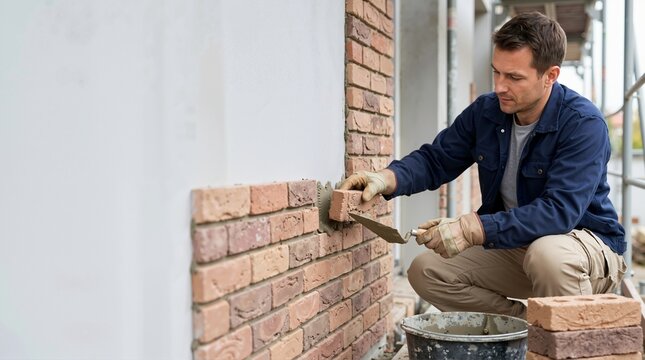 Man installing brick veneer on an exterior residential wall. Male worker applying masonry cladding during a home renovation project. Facade improvement and construction concept