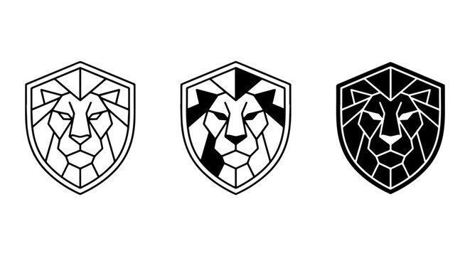 Geometric Lion Head Shield Logos, Modern Animal Emblem Set, Minimalist Heraldic Crest Icons, Vector Graphics