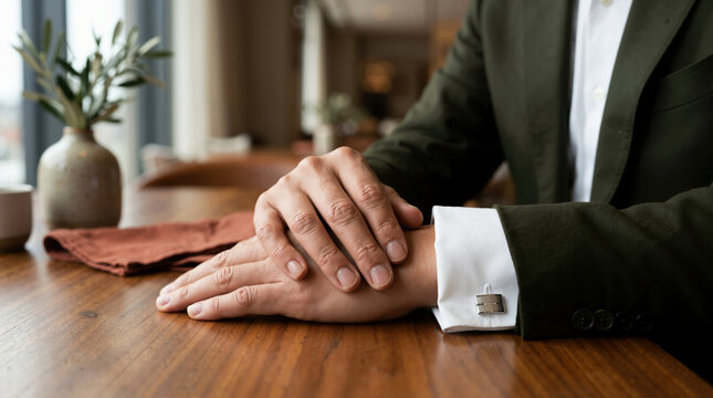 Close up of a man wearing silver cufflinks. Male hands resting on a wooden table in a suit jacket and white shirt
