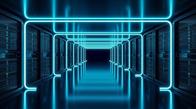 Futuristic data center corridor with blue neon lights, modern server room interior, high-tech digital infrastructure for cloud computing