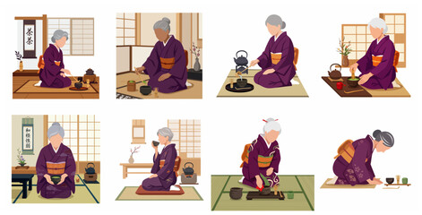 Fototapeta premium Traditional Japanese Tea Ceremony Ritual Illustration Collection with Senior Woman in Purple Kimono