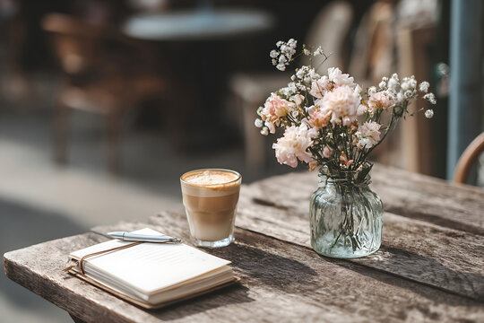 Peaceful Interlude: Coffee, Journal, and Flowers on a Sun-Dappled Rustic Table