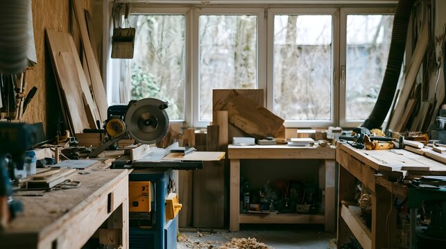 A well equipped woodworking workshop featuring tools  sawdust  and wooden planks under bright window light