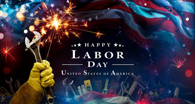 Labor Day - Work Glove Gripping Sparkler And Wrench Tool - American Flag With Abstract Glittering