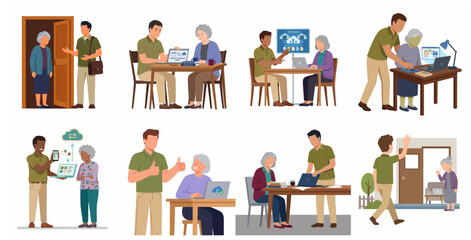 Fototapeta premium Intergenerational digital literacy concept featuring a young man teaching an elderly woman how to use a laptop, smartphone, and cloud services in various scenes.