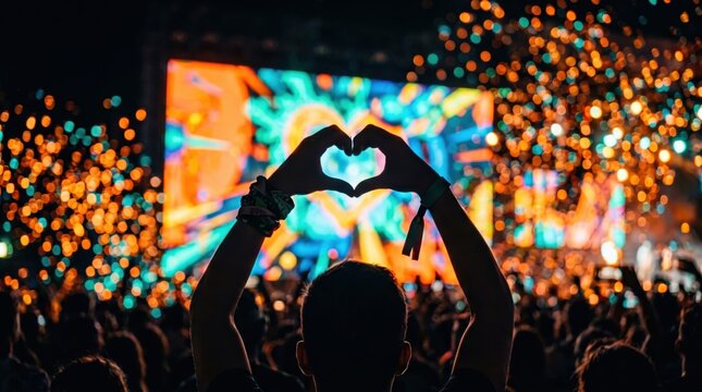 Concert audience member forming a heart with raised hands before a colorful festival music stage. Live performance, crowd energy, celebration and fan connection.