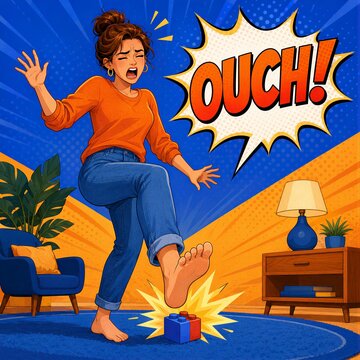 Comic art woman tripping over legos