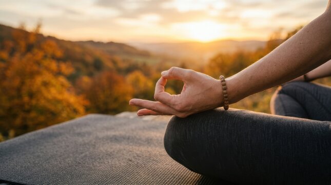 Close-up of a man meditating in yoga pose at sunset with hand mudra and prayer bracelet. Mindfulness, relaxation and spiritual wellness in nature.