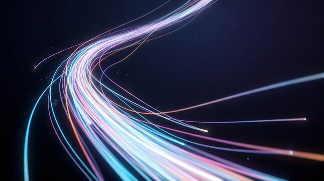 Blue and White Neon Light Trails Sweeping Through Dark Abstract Space