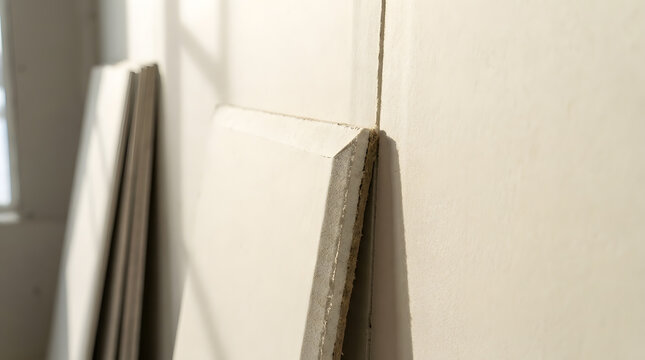 Drywall panel tapered edge detail | Gypsum board installation process | Plasterboard sheet texture close up | Construction materials for interior walls