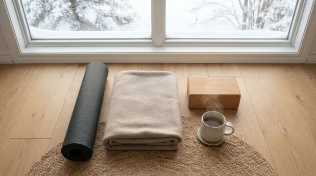 Home yoga setup with rolled mat, folded blanket, wooden block, and warm tea beside a snowy window. Cozy winter wellness space for meditation, stretching, and mindful self care.