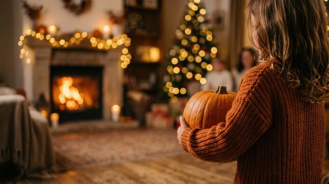 Woman holding pumpkin in cozy home with fireplace and Christmas tree. Autumn family holiday preparation, seasonal celebration and warm festive interior concept with copy space.