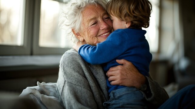 Elderly grandmother hugging young grandson indoors. Senior woman and child sharing affectionate embrace. Family bond and multi-generational love concept