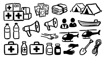 Fototapeta premium Black and white humanitarian aid icon set