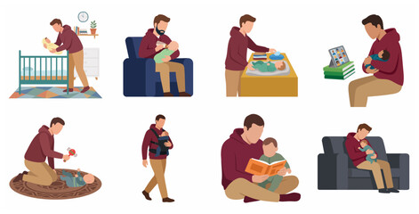 Fototapeta premium Set of flat vector illustrations of a father caring for his baby in various daily routines, including feeding, playing, and sleeping.