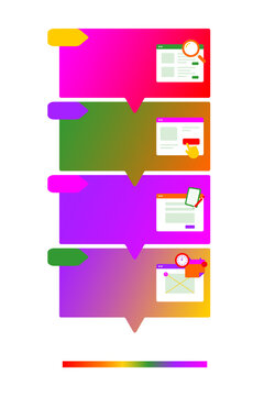 Colorful business infographic template with four options, vertical workflow timeline, web icons, and text banner isolated on white background. Vector illustration