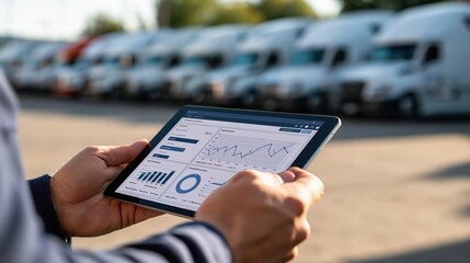 Logistics manager analyzing fleet performance data on tablet with trucks in background