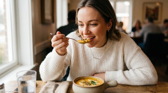 Woman eating creamy pumpkin soup with pumpkin seeds at a cozy restaurant table. Autumn comfort food, seasonal dining, healthy homemade meal and warm lifestyle concept.