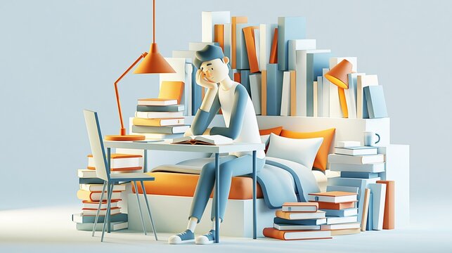 Stylized 3D illustration of a student studying in a cozy, book-filled room with desk lamp