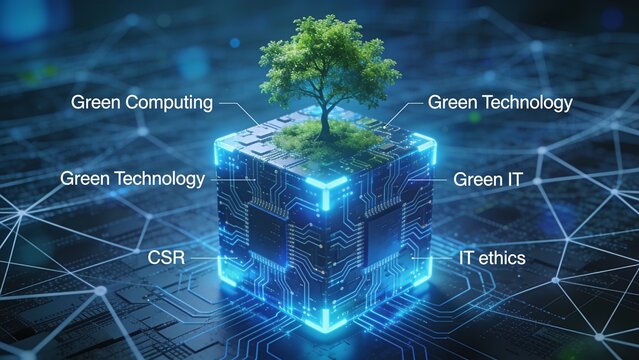 Green Technology and Computing Concept Infographic with Tree Growing from Glowing Digital Circuit Cube