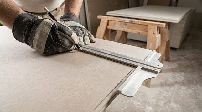 worker marking drywall for cutting | professional drywall installation process | measuring gypsum board with T-square | manual labor with protective work gloves