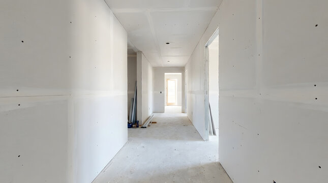 unfinished hallway drywall installation | residential home construction interior view | new house build gypsum board walls | drywall taping and mudding process | interior framing and sheetrock stage