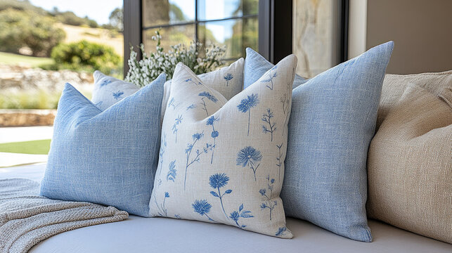 Cozy Outdoor Seating with Decorative Blue and White Floral Cushions and Textured Throws