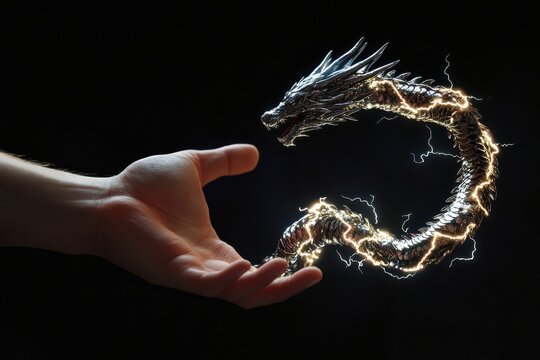 A dragon shaped lightning bolt coiling around a human hand in darkness