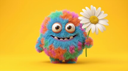 Fototapeta premium Funny colorful fluffy monster holding white daisy flower. Happy creature character for children design. Cute beast with fur for summer greeting card and playful mascot branding concept.