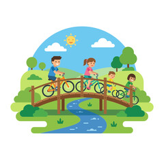 Fototapeta premium Happy Family Cycling on Wooden Bridge Over River in Sunny Green Park Vector Illustration