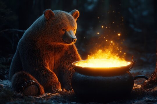 Magic bear sitting near a magic cauldron with light in dark forest view