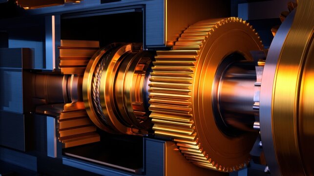 An intricate view of a metallic gear assembly showcasing interlocking teeth and vivid reflections