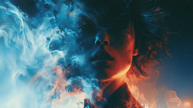 Mysterious Woman Emerging from Swirling Cosmic Smoke and Light
