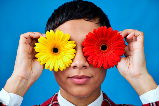 Portrait of young adult woman holding colorful flowers over eyes, expressing creativity and playful self expression. Ideal for beauty campaigns, wellness branding, spring promotions